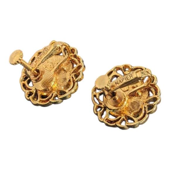 Vintage Napier‎ Signed Faux Pearl Gold Tone Clip-On Earrings - Picture 2 of 3